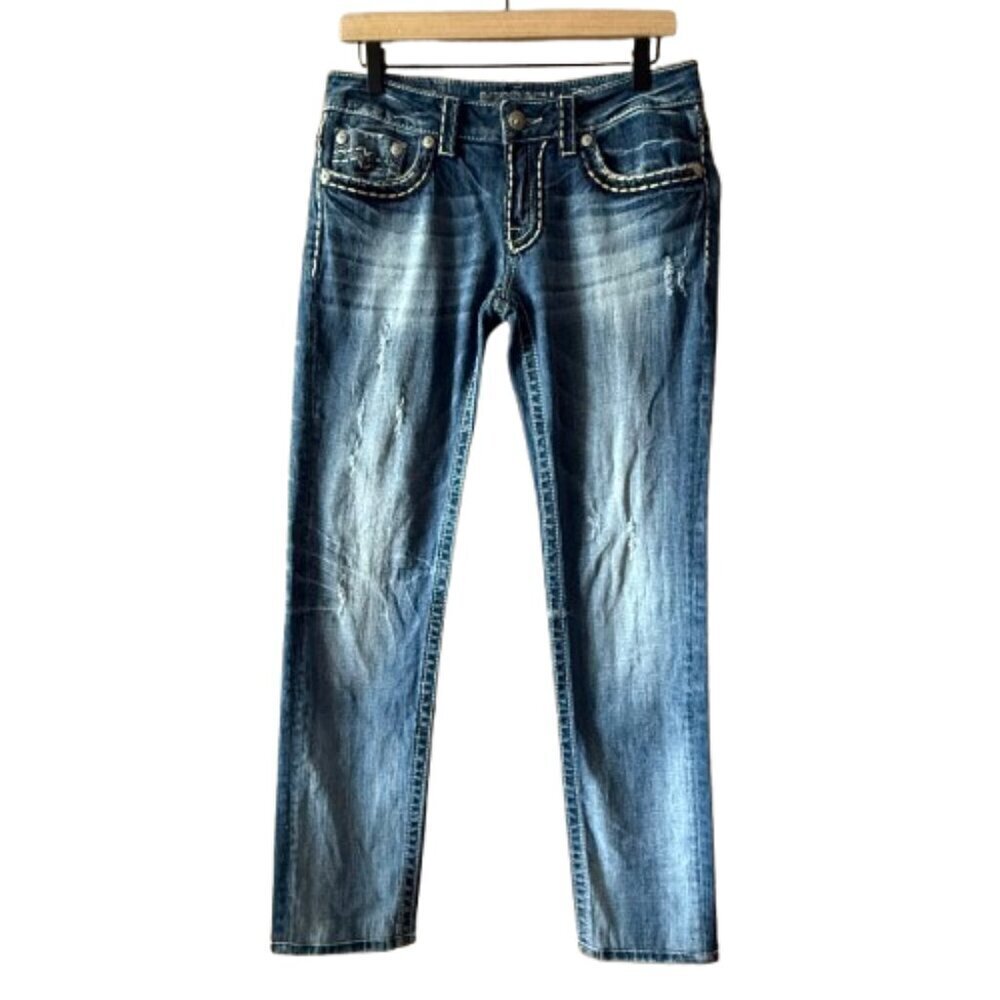 Women's 30 Miss Me Sunny Skinny Distressed Denim Jeans Low Rise Medium Wash